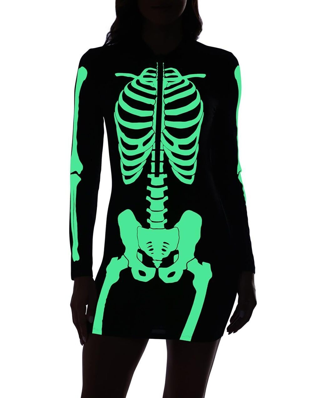 8139 Skeleton Dress Spooky Long Sleeve Bones Mini Dress Halloween Party